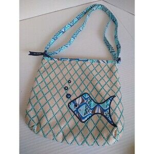 Vera Bradley Tan White Blue Woven Straw Crossbody Fish Applique beach boho patch